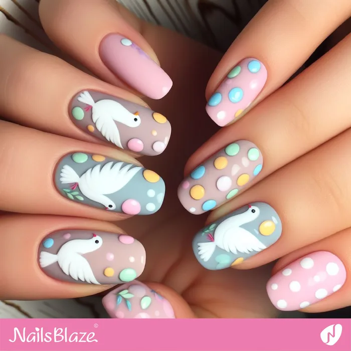 Polka Dot and Peace Dove Nail Design for Easter | Easter Nails - NB3519